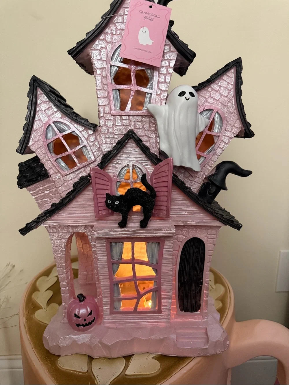Glamorous Ghouls Halloween Pink Light Up Haunted House with Ghost & Black Cat